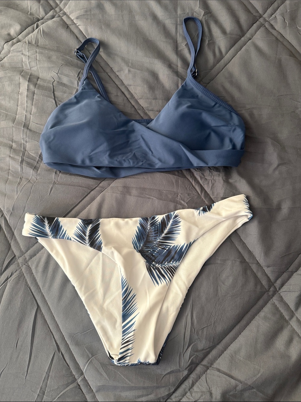 SHEIN Dusty Blue Bralette Top with White Palm-Print Bottom